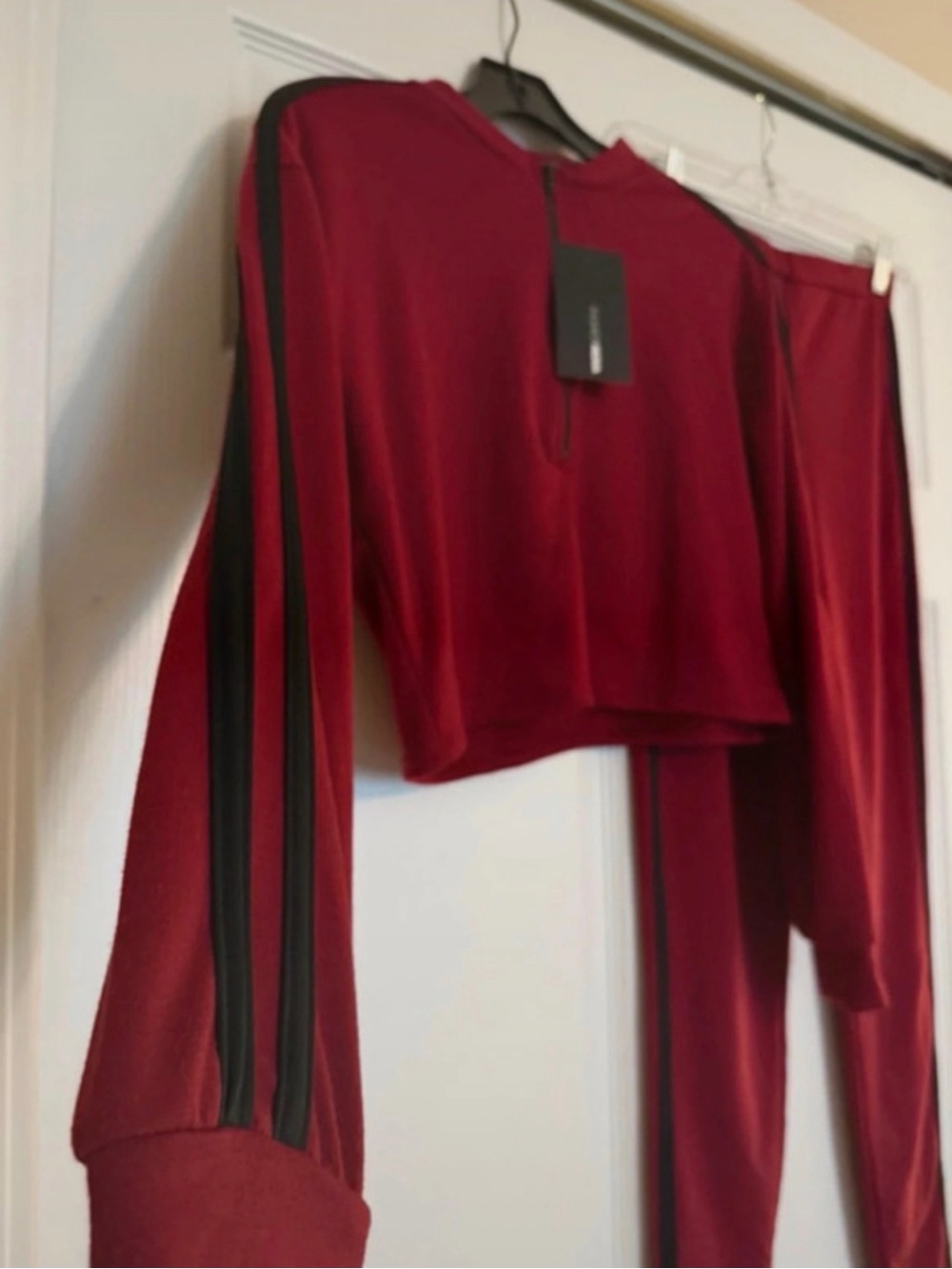 Fashion Nova Wine Crewneck Sweater with Black Stripes & Matching Pants Set